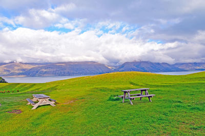 Picnic tables on a quiet meadow in braemar station in new zealand