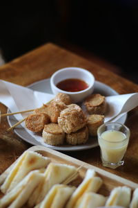 Close-up of breakfast served on table