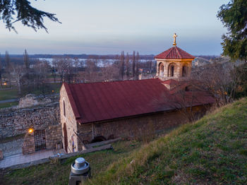 High angle view of buildings against sky