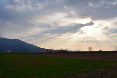 Scenic view of field against sky during sunset