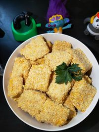 High angle view of breakfast on table