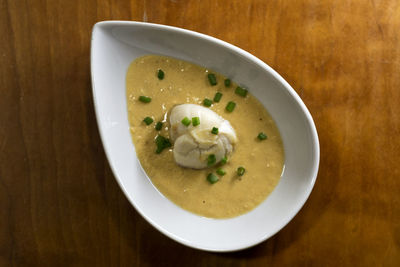 High angle view of soup served on table