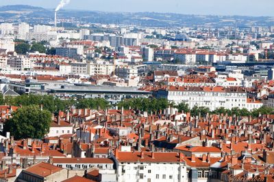 High angle view of buildings in city