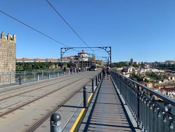 Footbridge over city against clear blue sky