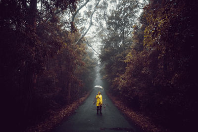 Rear view of man walking on road amidst trees