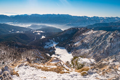 Scenic view of mountains against sky during winter