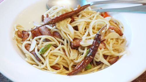 Close-up of noodles served in plate