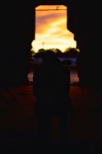 Rear view of silhouette man sitting in dark room