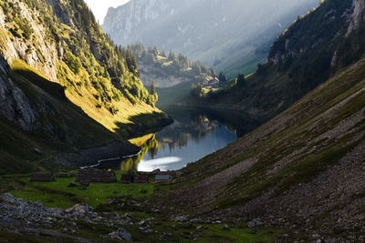 Scenic view of lake and mountains against sky
