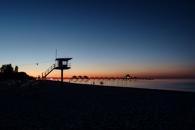 Silhouette beach by sea against sky during sunset
