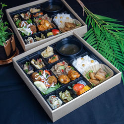 High angle view of sushi served on table