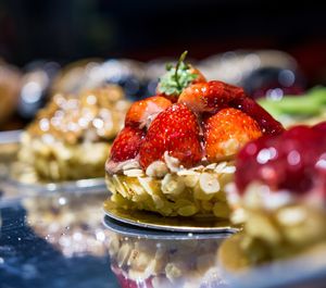 Close-up of strawberries in plate on table