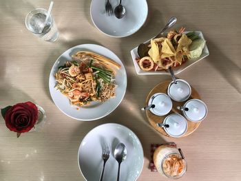 High angle view of breakfast on table