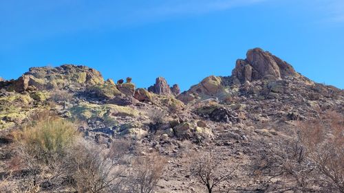 Scenic view of rock formations against clear blue sky