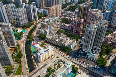High angle view of city street amidst buildings