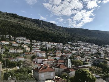 High angle shot of townscape against sky