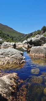 Scenic view of rock formation against clear blue sky