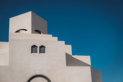 Low angle view of building against clear blue sky