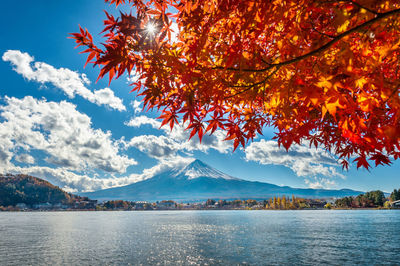 Scenic view of lake by mountains against sky during autumn