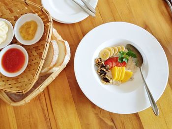 High angle view of food in plate on table