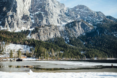 Scenic view of frozen lake against snowcapped mountains