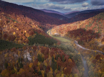 Scenic view of mountains against sky during autumn