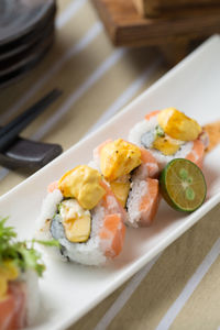 High angle view of sushi in plate on table