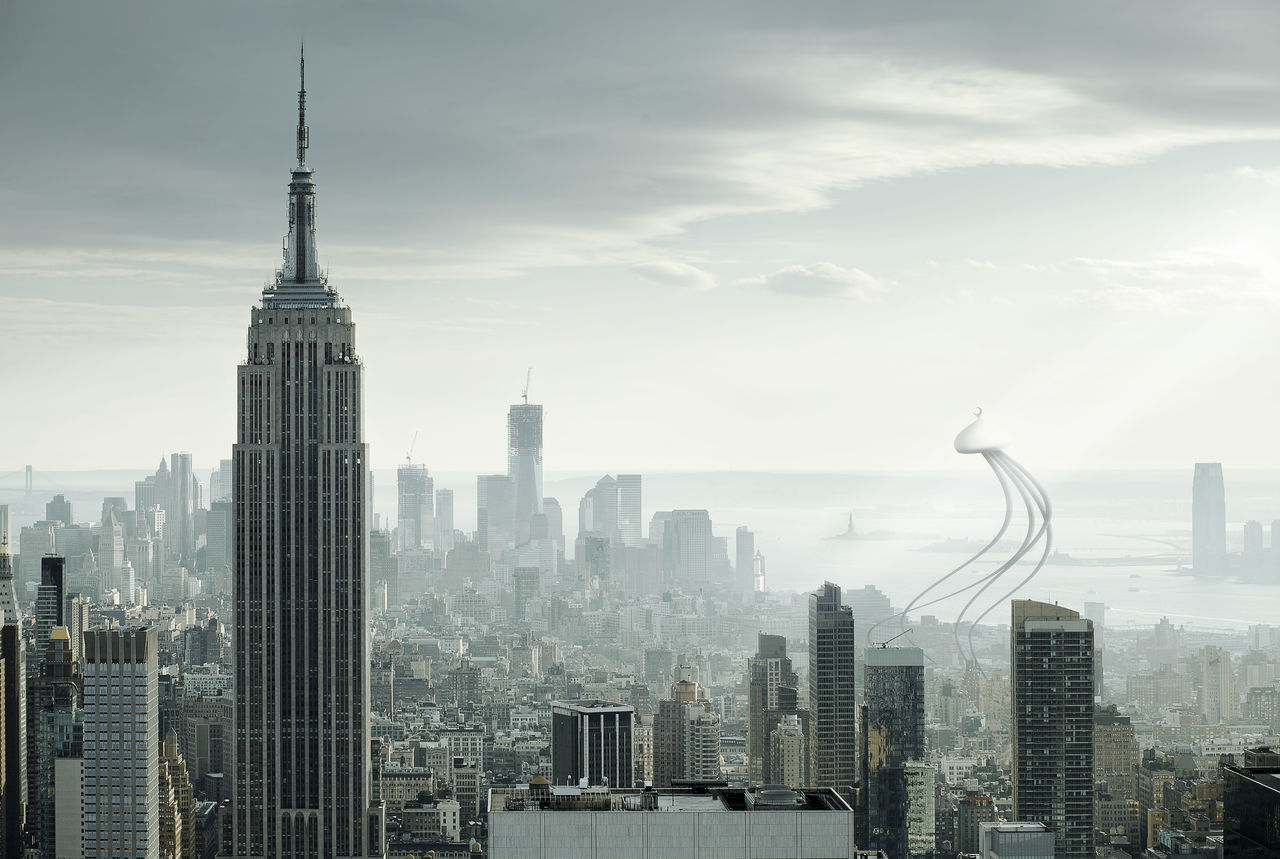 City skyline with skyscrapers in background