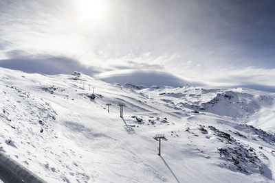 Scenic view of snow covered mountains against sky