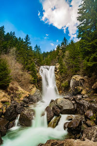 Scenic view of waterfall in forest against sky