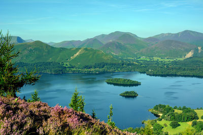 Scenic view of lake and mountains against sky