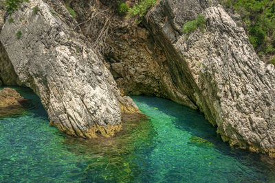 High angle view of rock formation in sea