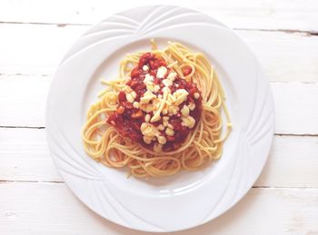 High angle view of pasta in plate on table