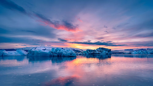 Scenic view of lake against sky during sunset