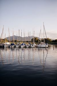 Sailboats in marina at harbor against clear sky