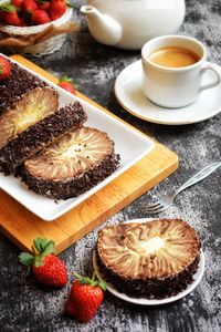 High angle view of cake served on table