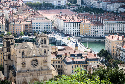 High angle view of buildings in city