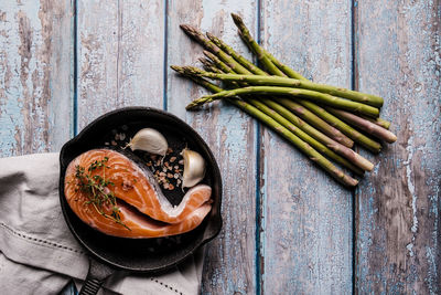 High angle view of seafood in bowl on table