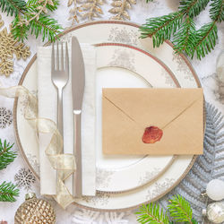 High angle view of christmas decorations on table