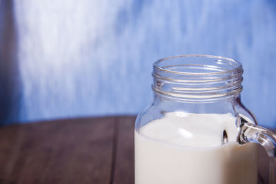 Close-up of drink in jar on table