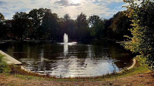 Scenic view of lake in forest against sky