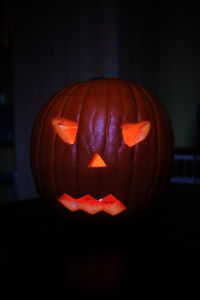 Close-up of illuminated halloween pumpkin