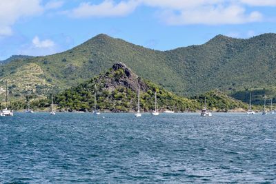 Scenic view of sea and mountains against sky