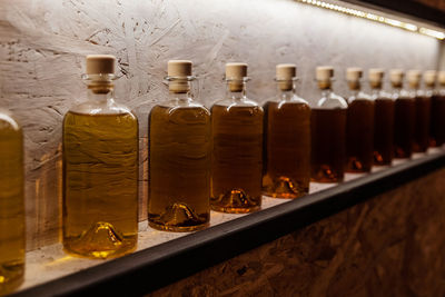 Close-up of whiskey bottles