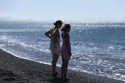 Friends standing on beach against clear sky