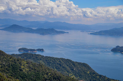 Scenic view of sea and mountains against sky