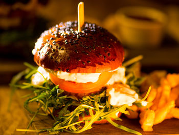 Close-up of burger on table