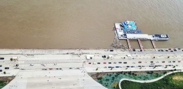 High angle view of ship by sea