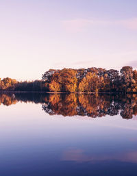 Reflection of trees in lake against sky during sunset