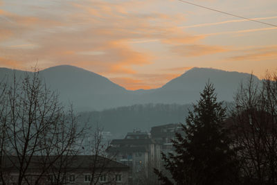 Scenic view of mountains against sky during sunset